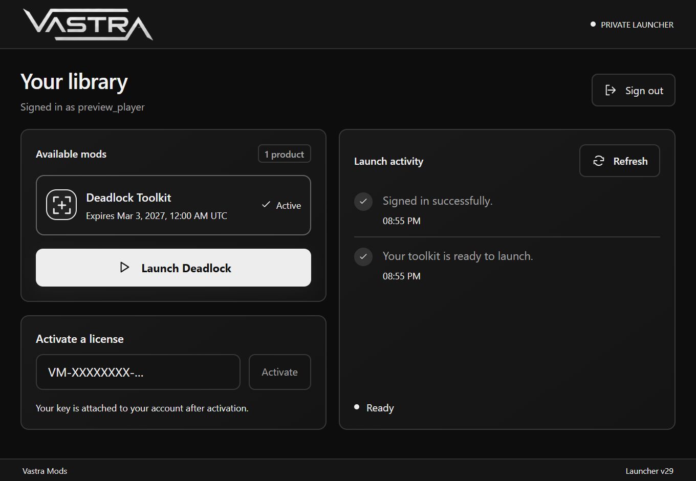 Vastra loader library with license key activation and product launch controls. Sample account data.