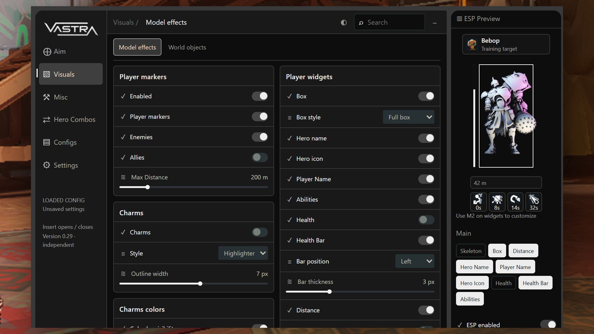 Actual Vastra Deadlock toolkit interface, showing player markers, hero widgets and the ESP preview